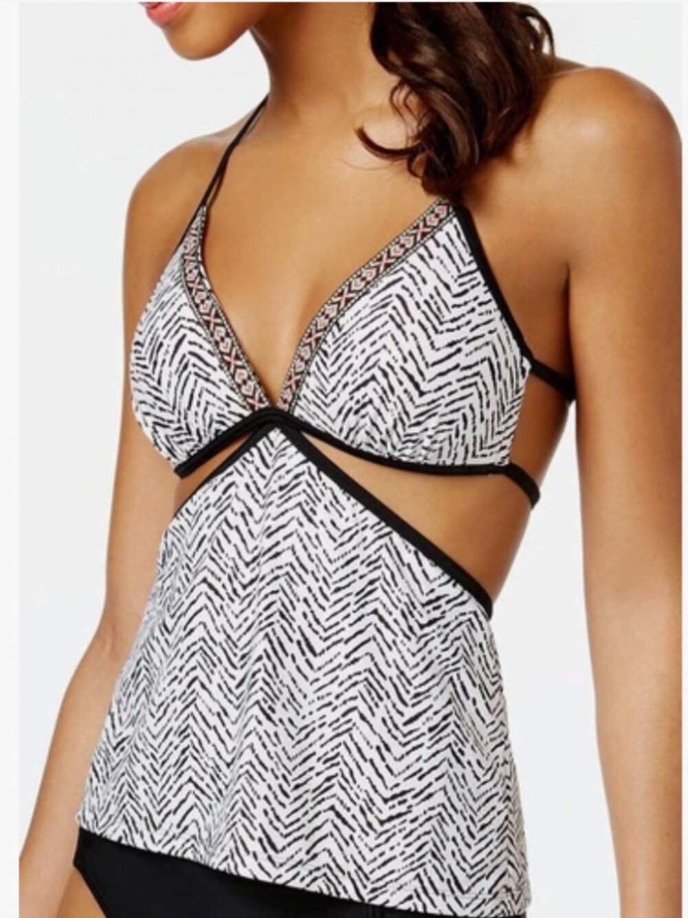 Hula Honey black & white apron style tankini top with push up padding